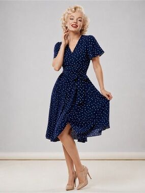 Fantaslook Navy Blue White Polka Dot Pleated Flutter Sleeve Midi Dress Sz M NWT